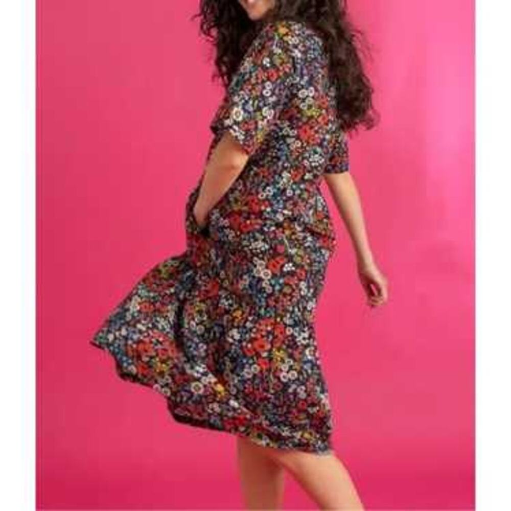 Gudrun Sjoden Floral Flower Pockets Modal Cotton Midi Dress Size S Short Sleeves